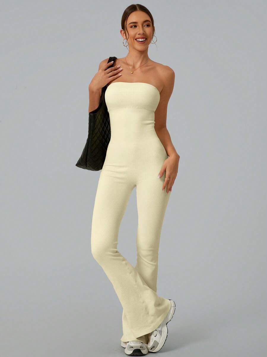Yoga Fitness Stretching - Solid Color Seamless Tube Top Bodysuit